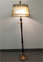 Antique wooden floor lamp with decorated screen