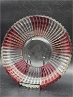 Cranberry-Clear Pressed Ribbed Glass Shallow Bowl