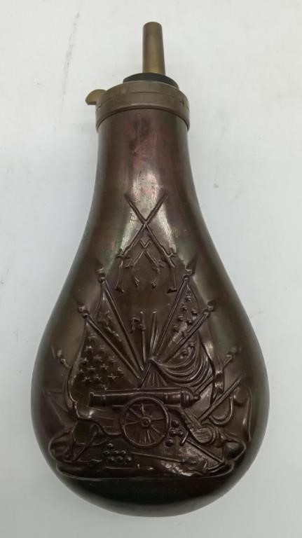 (M) Vintage  Copper Brass Gun Powder Bottle Flask