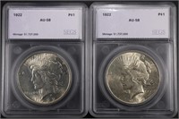 (2) 1922 PEACE DOLLARS SEGS AU-58