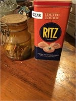 Vintage Ritz Creacker tin and glass jar