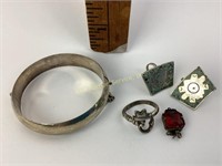 Sterling bracelet, clip earrings, ring. 36 grams
