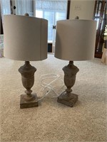 Vintage Pair of Turned Wood Urn Lamp w/ Shades