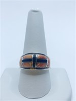 RING BLACK ONYX AND ORANGE SHELL SILVER RING -