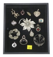 Lot, sterling silver pins and pendants