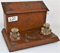 Oak desk set, inkwells & letter holder