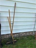 Garden rake, pushbroom, handle, plant stand