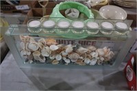 GLASS CANDLE STAND FILLED W/ SEASHELL COLLECTION