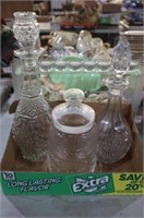 2 GLASS DECANTURS & BISCUIT JAR W/ LID