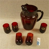 Ruby Glass Pitcher & Five Tumblers