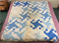 Antique Handmade Blue Swirl Pattern Quilt