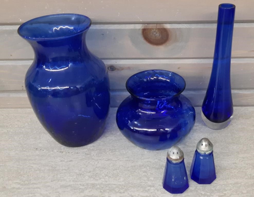 Lot of Cobalt Blue Vases plus S&P set