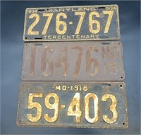 3 Antique Md License Plates 1918, 1934 & Other