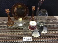 ASSORTMENT OF GLASS WARE, BELL, CANDLE HOLDERS