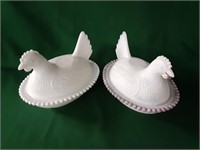 (2) Milk Glass Nesting Hen Candy Dishes