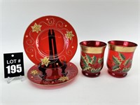Vintage Red Christmas Pillar Candle Holders Gold