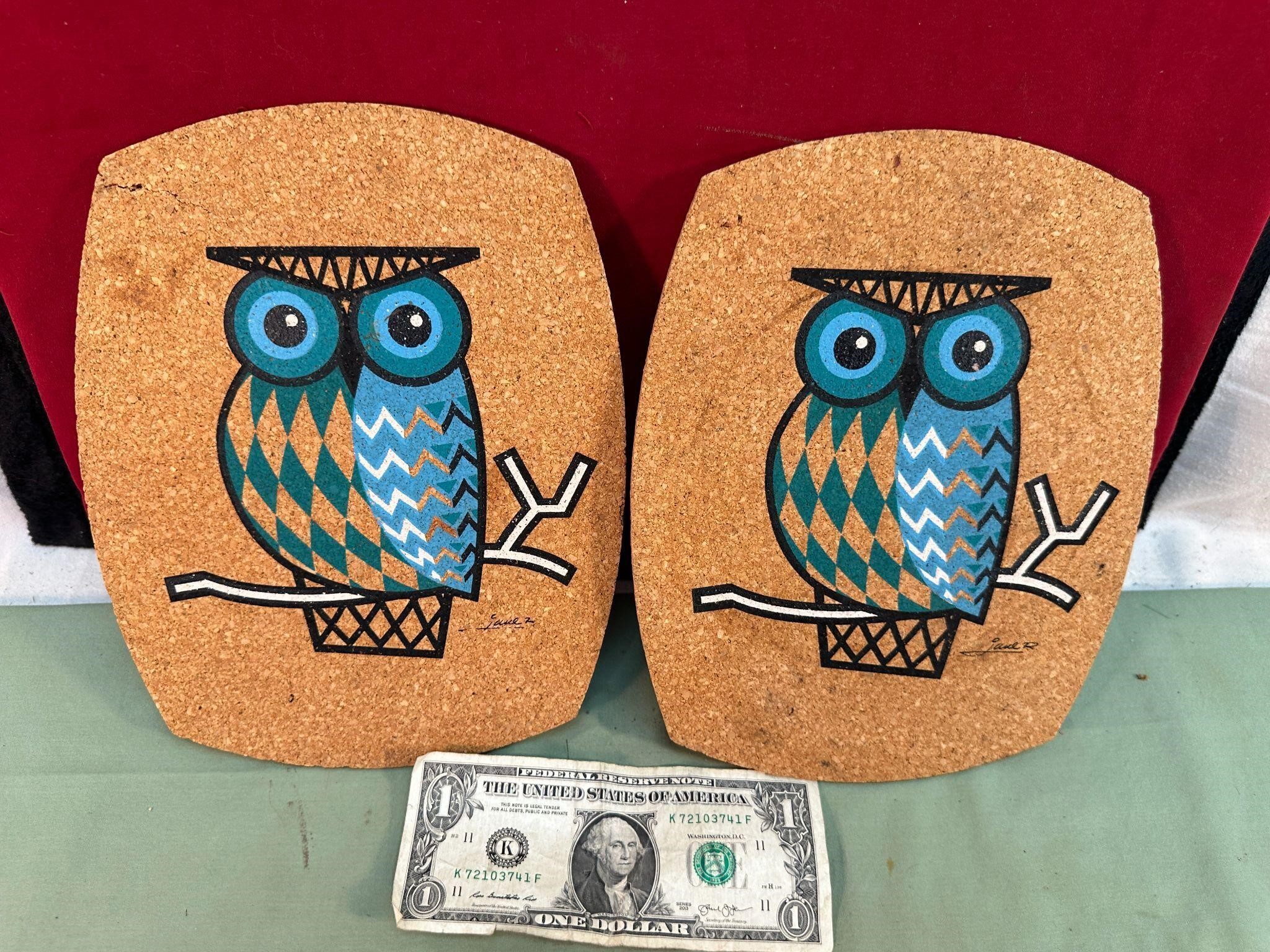 MCM 2 OWL CORK HOT PADS - SIGNED