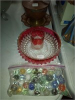 bag of marbles & ruby flash glassware