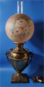 Antique Juno Lamp- Brass Urn w/HP Globe