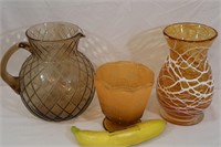 Orange Art Glass Vase + Quilted Diamond Pitcher+
