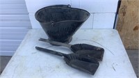Metal Ash Bucket & (2) Shovels