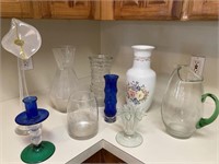 Cabinet Lot of Vases, Pitchers, & Candle Sticks