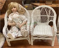 One pair of painted white wicker doll chairs