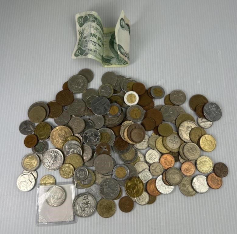 Bag of Foreign Coins and Bahamas Bill