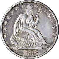 1858-O SEATED LIBERTY HALF - XF DETAILS, CLEANED