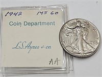 1942 Silver Walking Liberty Coin MS60 LS Ayres