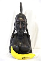 African Hand-Carved Ebony Wood Bust Of Woman