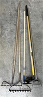 Assorted rakes and hoe's