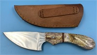 Hunting knife with bone handle, leather sheath, 7"
