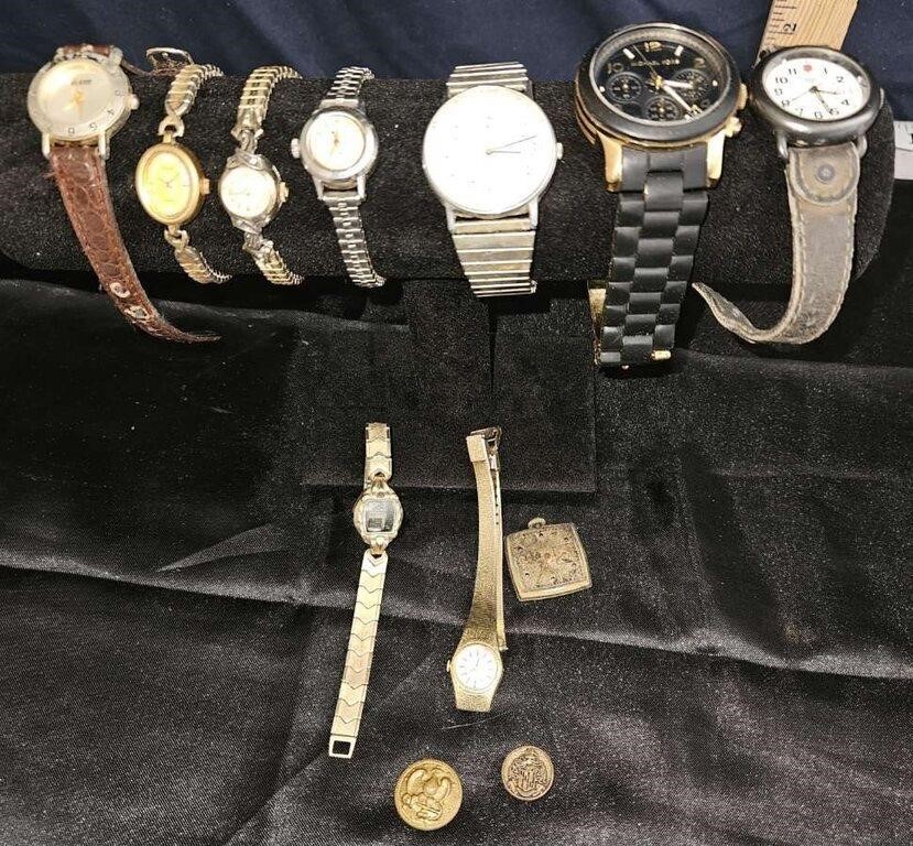 several watches, watch parts & 2 buttons