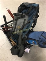 CRATE OF CAMPING GEAR W/ HIKING BACKPACK