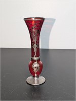 Vintage Red Glass Bud Vase w/ Silver Overlay