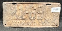 1932 WYOMING LICENSE PLATE