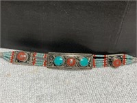 ORNATE BLUE TURQUOISE & CORAL NAVAJO BRACELET 7