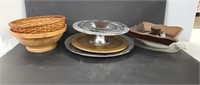 Collection of serving dishes. Tin, wood, Wicker,