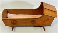 ANTIQUE PINE DOLL CRADLE WITH INLAY - LOOK