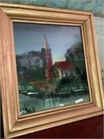 Reversed hand painted framed church