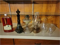 KEROSENE LAMP, CHIMNEYS, LAMP OIL, CRUET