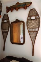 Snow shoes, ornate mirror and trout carvings