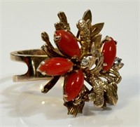 STYLISH 10K YELLOW GOLD CORAL RING - HIGH DESIGN