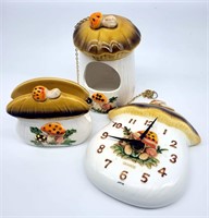 Vtg Sears Merry Mushroom Bird Feeder, Clock & Napk