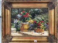 FLOWERS IN PLANTERS BY K. YUNIA - OIL ON CANVAS -