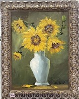 SUNFLOWERS IN OLD PITCHER BY ASTRID - OIL ON