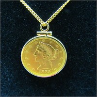 1885 S Liberty Head $5.00 Gold Coin on 14K Chain
