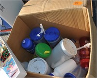 box of plastic glasses and sports bottles