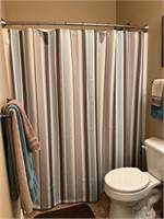 Shower Curtain, Towels, Rugs, Tissue Box, TrashCan
